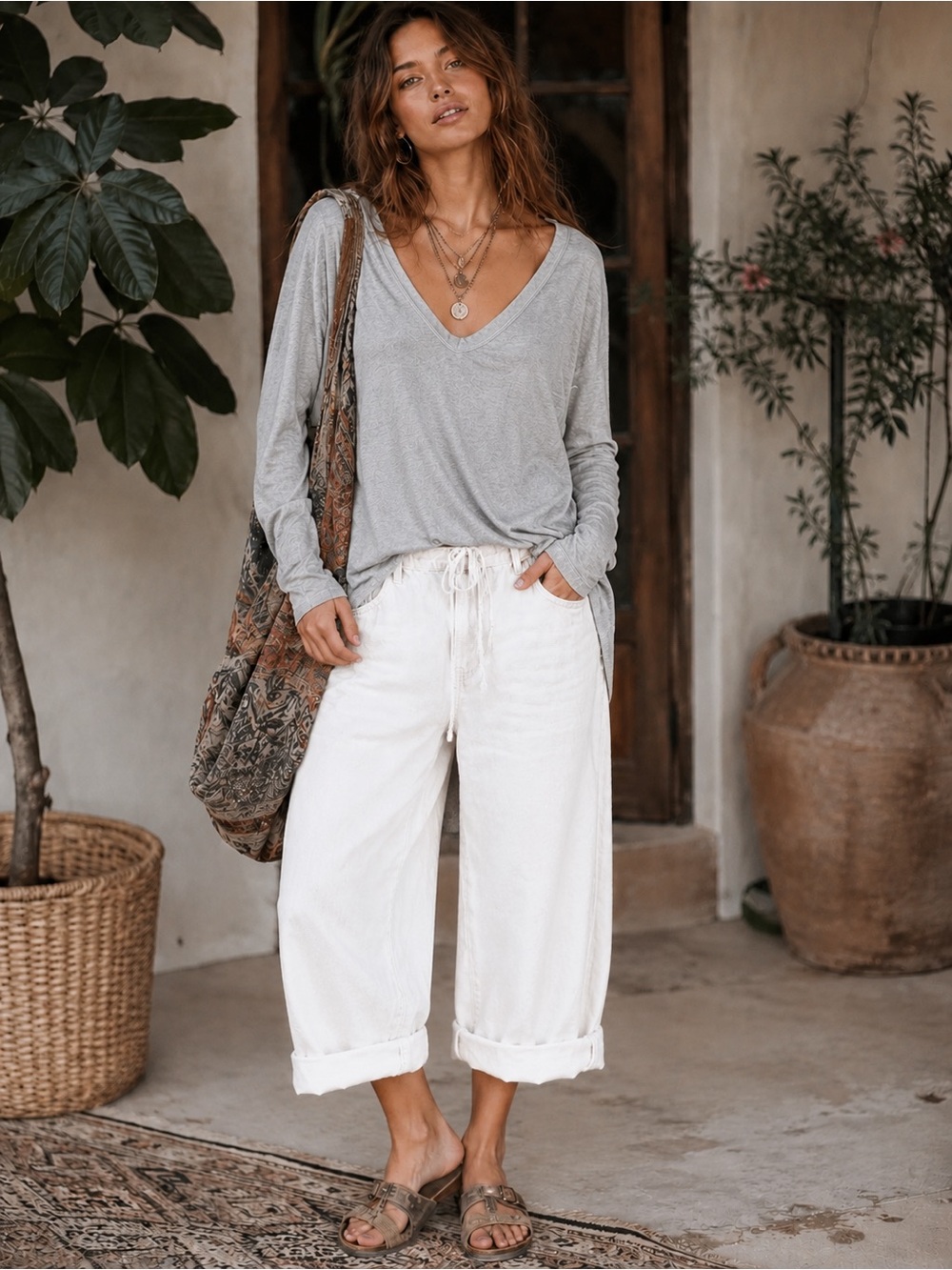 We The Free On My Mind V-Neck Raw Hem Long Sleeve Tee Boho Relaxed Small cottage